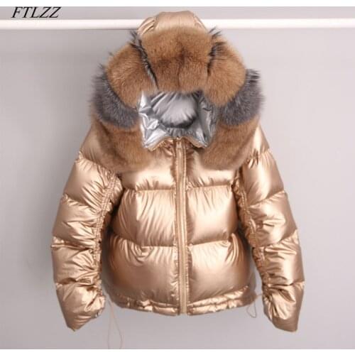 FTLZZ New Winter Jacket Women White Duck Down Jacket Big Aritificial Fur Outwear Loose Coat Thick Warm Waterproof Down Parka