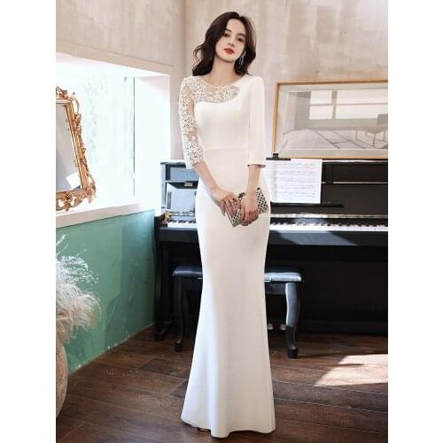 Partysix New Women See through Tulle Half Sleeve Dress Elegant Satin White Appliques Evening Dress