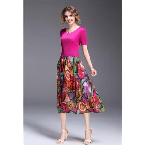 HOT SELLING Miyake fold dress elastic net yarn splicing lace dress with short sleeves IN STOCK