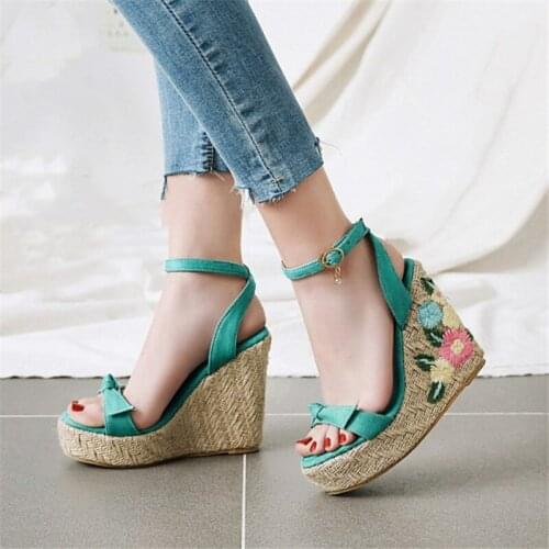 PXELENA Handmade Embroider Floral Ethnic Sandals Women Butterfly-knot Party Dress Female Shoes Pink Green Blue Large Size 34-45