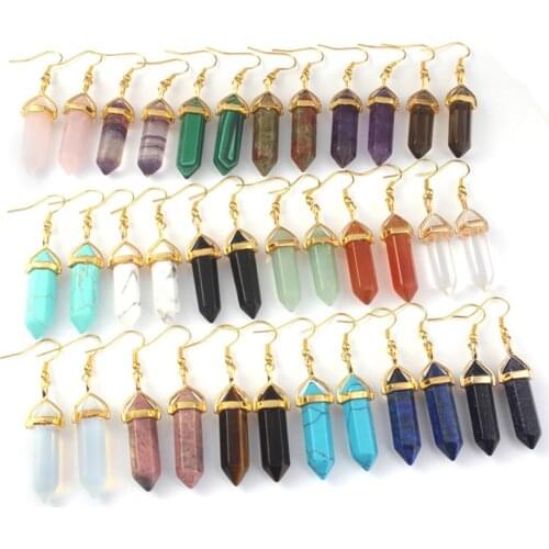 Natural Stone Earring Bullet Hexagonal Pendulum Dangle Amethysts Lapis Quartz Purple Fluorite Pink Crystal Earring Women Jewelry