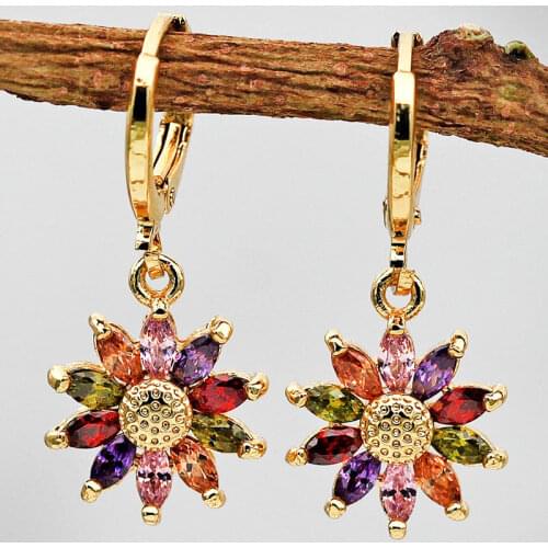 Bohemian Vocation Style Drop Earrings Women Gold Sun Flower Earrings Color Mix Zircon Luxury Long Dangle Earrings OBS1631