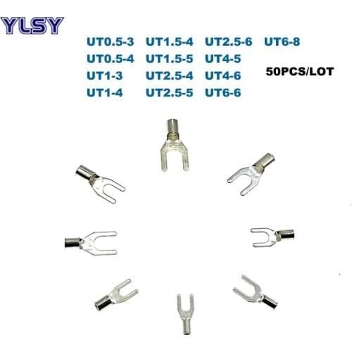 50Pcs Fork Cold Press Non-insulated Terminal UT0.5-3~UT6-8 Electric Naked Crimp Terminals Wire Cable Connector 0.5~6mm2 22-10AWG