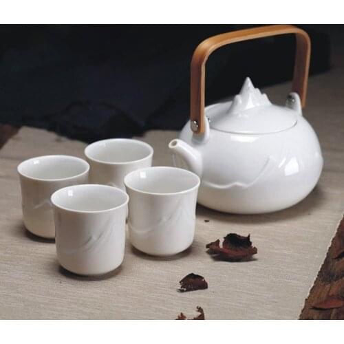 Japanese Classic White Ceramic Tea Set with Mountain Pattern,Teapot & 4 Teacups