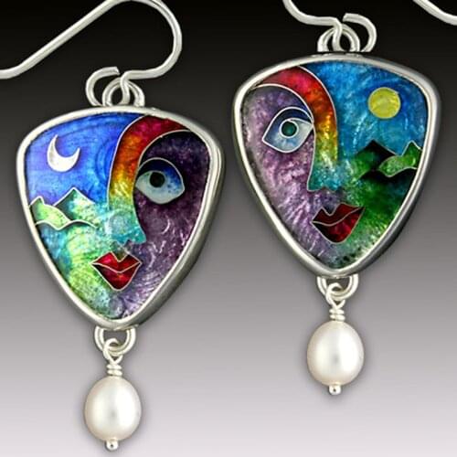 Women Sun Moon Face Celestial Pattern Pendant Pearls Earrings Asymmetry Creative Abstract Enamel Colorful Jewelry