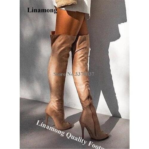 New Fashion Women Peep Toe Suede Leather Stiletto Heel Over Knee Gladiator Boots Beige Slim Long High Heel Boots Dress Heels