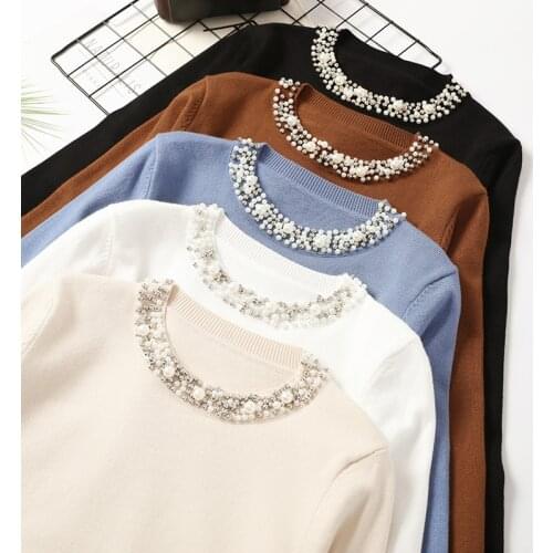 Autumn Winter Women Beaded Sweater 2020 O-Neck elegant sweater Jumper Top Loose Casual Warm Femme Sweater knitting bottom shirt