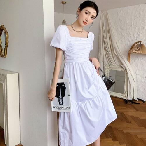 Women Dress Puff Sleeve High Waist A-Line Square Collar Temperament Loose Fit Fashion Tide New Summer 2021 E190
