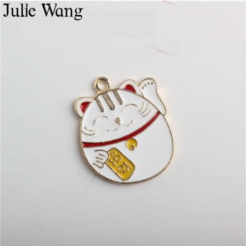 Julie Wang 5pcs Enamel Fortune Cat Charms Alloy Gold Tone Lucky Cat Animal Pendant Necklace Bracelet Jewelry Making Accessory