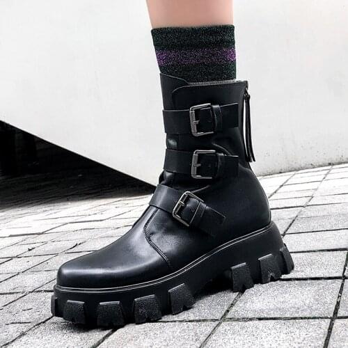 Womens Handmade Genuine Leather Shoes Buckle Straps Back Zip Short Ankle Boots Round Toe Thick Sole High Platform Women Boots