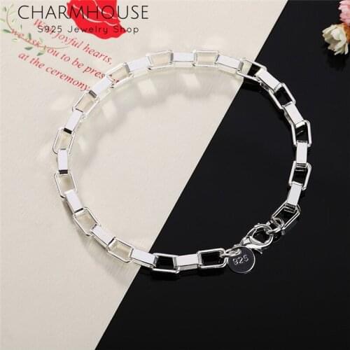 Charmhouse 925 Silver Bracelet For Men Women 4mm Square Box Chain Link Bracelet Wristband Pulseira Femme Wedding Jewelry Bijoux
