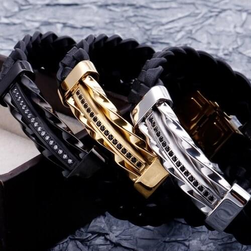 Gold Black Stainless Steel & CZ Friendship Bracelets For Men Braided Genuine Leather Bracelet Accessories DIY Mens Wrap Bangle