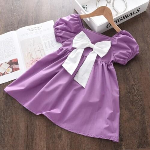 Girls Party Dresses Summer Kids Girl Solid Color Princess Square Collar Children Cute Bowknot Party Costumes Princess Dress