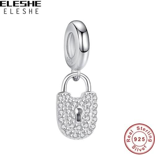 ELESHE European Style 925 Sterling Silver Bead Dazzling Clear CZ Lock Dangle Charm for Women fit Original Bracelets DIY Jewelry