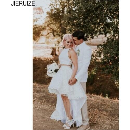 JIERUIZE Modest High Low Wedding Dresses Halter Neck White Two Pieces Bridal Gowns Lace A Line Wedding Gowns vestido de noiva