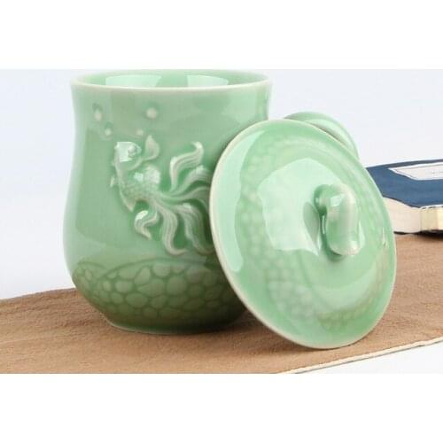 Chinese Longquan Teacup Teaset Ceramic Elegant Glaze Tea Mug with Lid Kung Fu with Fish Pattern Celadon Office Tea Cup