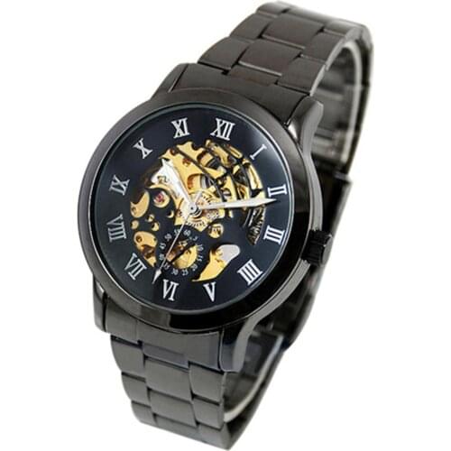 40%HOT Luxury Mens Roman Numerals Tungsten Steel Mechanical Skeleton Wrist Watch