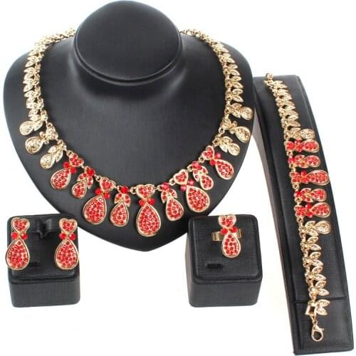 Fashion Women Wedding Party jewelry sets gold Color Red Austrian crystal earrings necklace ring bracelet jewelry sets