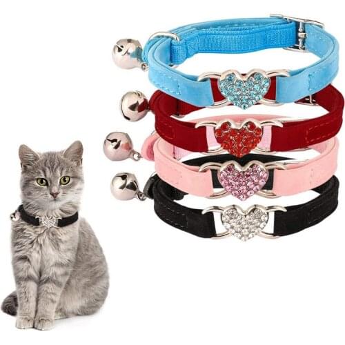 Cat Collar with Bell Quick Release Soft Velvet Safe Cat Adjustable Heart Charm Collar Pet Kitten Collars Leashes Lead