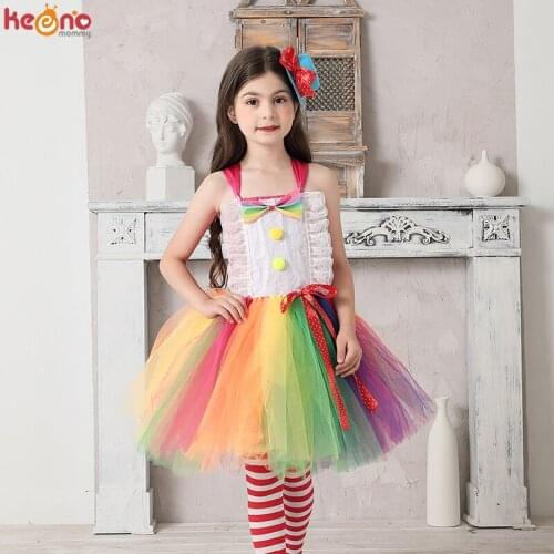 Rainbow Clown Girl Tutu Dress with Mini Fedora Clip Kids Circus Tulle Ball Gown Dresses Holiday Party Halloween Costume For Kids