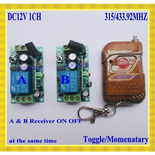 RF Remote Control Switch DC12V Receiver Transmitter 2Receivers ON OFF at the same time 315/433 Learning Code Momentary Toggle
