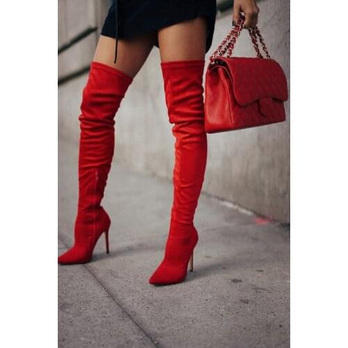 Moraima Snc Newest Red Suede High Heel Boots Sexy Pointed Toe Stretch Fabric Over The Boots Woman Thigh High Boots