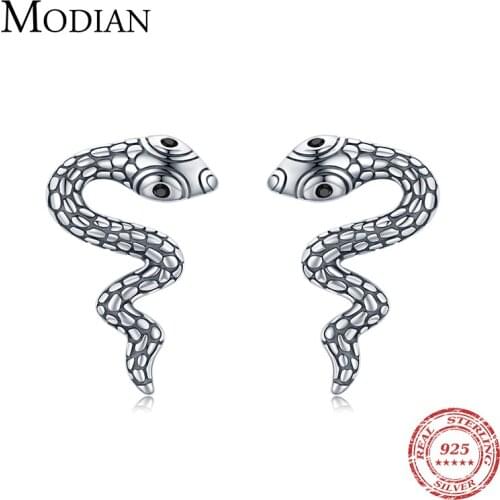 Modian Vintage Charm Pattern Snake Ear Studs 100% 925 Sterling Silver Punk Hypoallergenic Stud Earrings For Women Party Jewelry