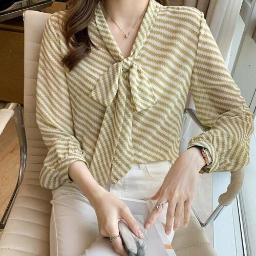 Chikichi Loose Ladies Blouse Bow Shirt 2021 Autumn New Retro Striped Printed Chiffon Shirt Long Sleeve Blouse Plus Size Tops