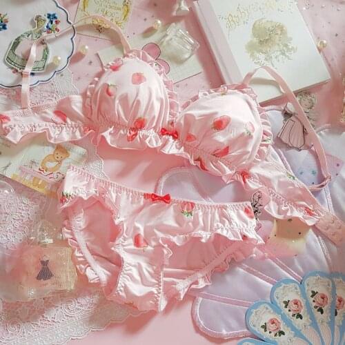 Japanese Kawaii Cute Loli Small Chest Gathered Bra Sexy Steel Ring Underwear Set Lingerie Underpants Sweet Lace Princess Girl