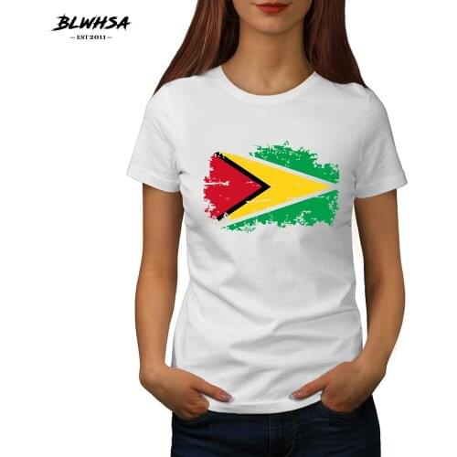 BLWHSA Guyana Flag T shirt Women Fashion Short Sleeve 100% Cotton Printed T-shirts Funny Guyana National Flag Women Tees