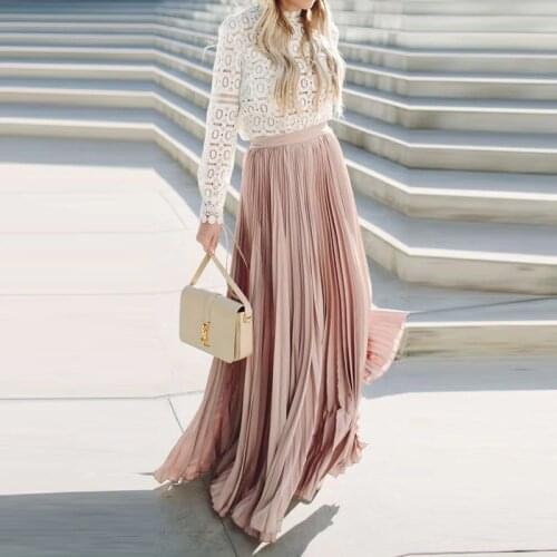 2017 New Women Chiffon Pleated Skirt Vintage High Waist Floor Length Maxi Skirts 2017 Spring Summer Style Jupe Femme Skirt