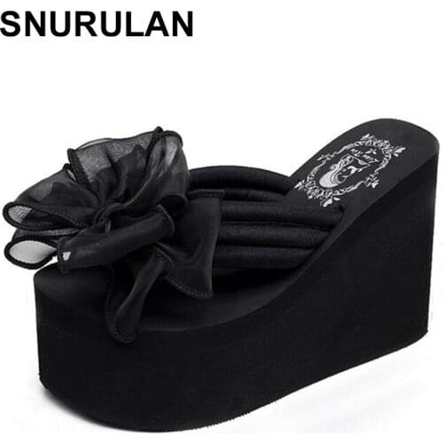SNURULAN New Women EVA 11cm High Heel Platform Summer Women Wedge Shoes Flip Flops Beach Shoes Bow Wedges Slipper Woman