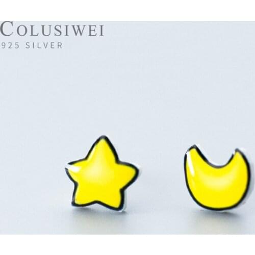 Colusiwei Genuine 925 Sterling Silver Cute Wink Moon and Star Asymmetric Stud Earrings for Women Real Silver Jewelry Boucles