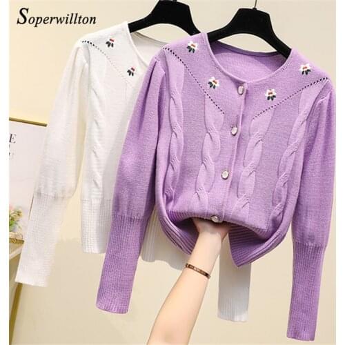 2020 Flower embroidery Female cardigan Purple White elegant Womens sweater soft knitted cardigans for women autumn winter