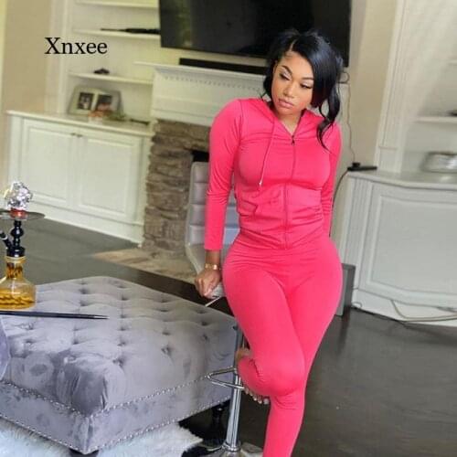 Fall/winter Womens Hoodie Fitness 2-Piece Set Solid Color Hooded Zipper Long Sleeve Top and Tight Pants Leggings Clothes