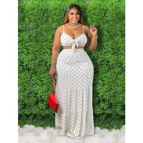 5XL Plus Size Two Piece Set Women Summer Clothing Wholesale Sexy Sweet Bra and Maxi Skirt Dots Print Matching Suit Dropshipping