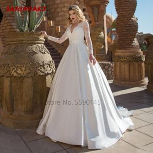 2020 Wedding Dress Long Sleeve V Neck A-Line Appliques Custom Made Top Lace Satin Bridal Gown Vestido De Novia Online Undefined