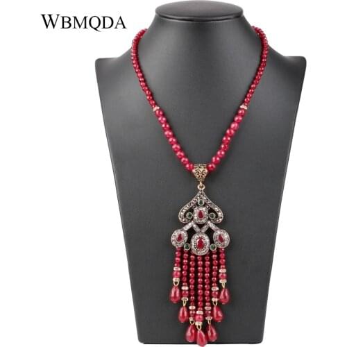 Luxury Vintage Long Tassel Pendant Necklace For Women Antique Gold Color Turkish Red Crystal Sweater Indian Bijoux