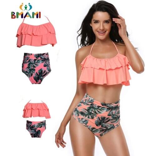 2021 Family Costumes Match Swimwear Floral Bikini Summer Bathing Suit High Waist Flounce Tops Bandage Mommy And Me Clothes Cute