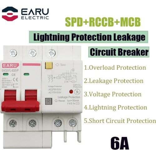 6A 2P SPD Residual Current Circuit Breaker With Overload Overvoltage RCBO RCCB With Lightning Protection MCB Leakage Protector