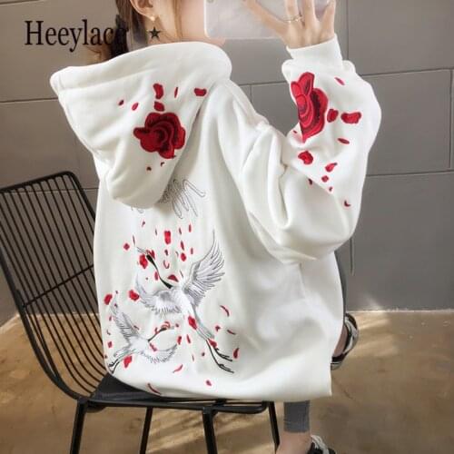 Hoodies oversized floral embroidery Sweatshirts Hooded Harajuku autumn Casual Vintage Korean Pullovers Women sweetshirts