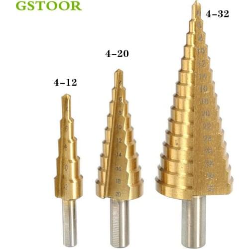 1PC 6542 4-12mm 4-20 4-32 Step Titanium Coated Pagoda Drill Round Shank Hole Cutter Straight Cone Drill-Bit