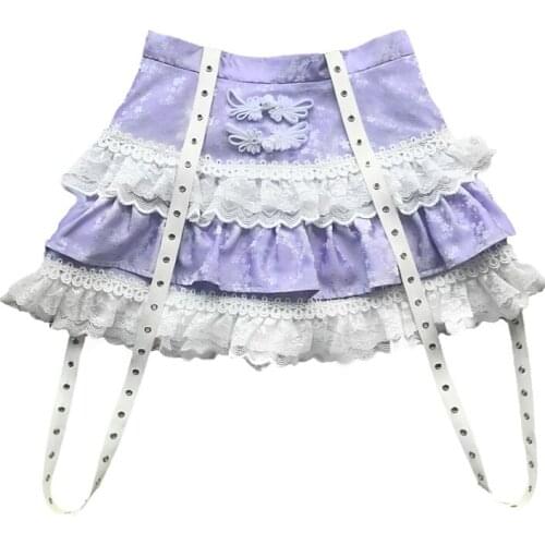 New Gothic Harajuku Lolita Cake Skirts Violet Fashion Sweet Girl Punk Mini Kawaii Lace Short Skirts Girls Ball Gown