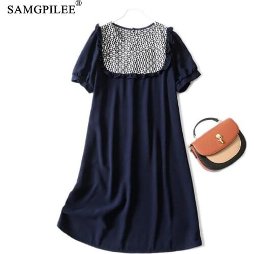 Summer Women Dresses 2021 Fashion Embroidery Casual Stitching Drape Fabric Cool Mid-length Short Sleeve Dress Woman Plus Size