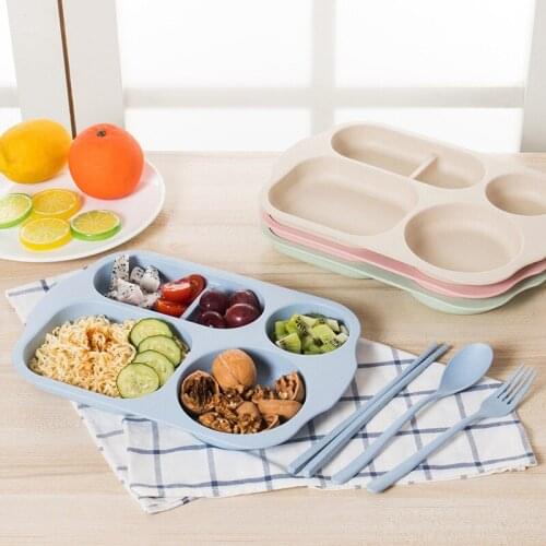 Wheat Straw Baby Tableware 4pcs Set Dishes Plate Spoon Fork Chopsticks Solid Food Self Feeding for Kids Children Creative Gift