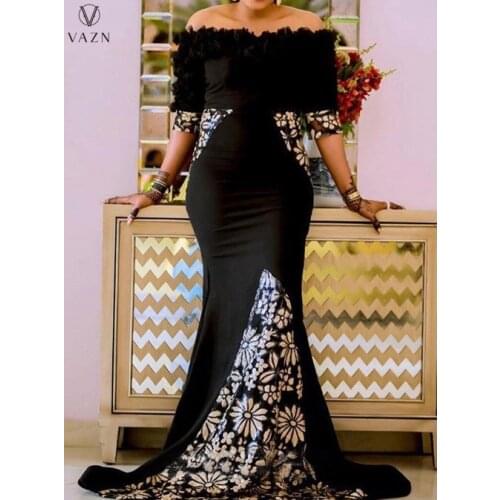 VAZN 2021 New Fashion High Street Style Long Dress Short Sleeve Lace Card Shoulder Dress Printed Floor Long Ladies Dresses