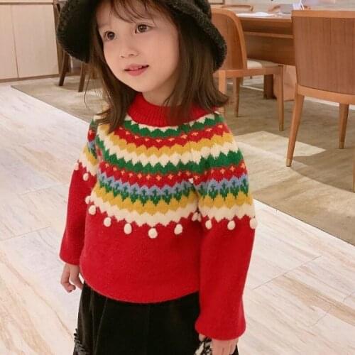 New Knitting Spring Winter Pullover Sweater Girls Kids Childrens Warm Thicken Cute Jacquard Clothing Printing Red Beige