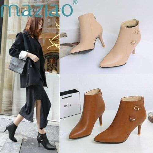 Sexy Buckle Thin High Heel Ankle Boots Fashion Side Zipper Pointed Toe Winter Women Boots High Quality Pu Leather Boots MAZIAO