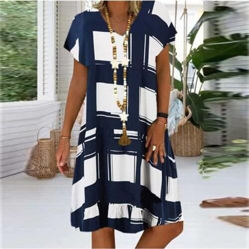 Summer women dress grid Print Casual Dress Womens V-neck Short Sleeve Vintage ladies Beach Boho Loose Midi Dress for females