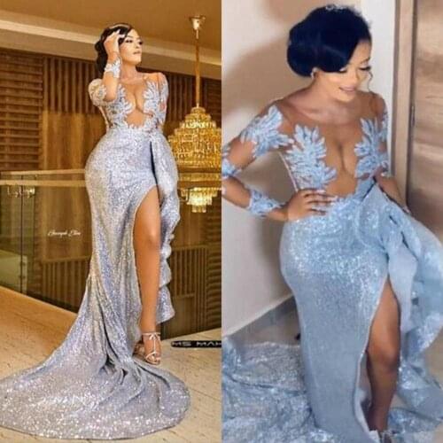 Sexy High Split Mermaid Prom Dresses 2020 Silver Illusion Long Sleeve Sheer Top Sparkle Sequined Sweep Train Evening Gowns